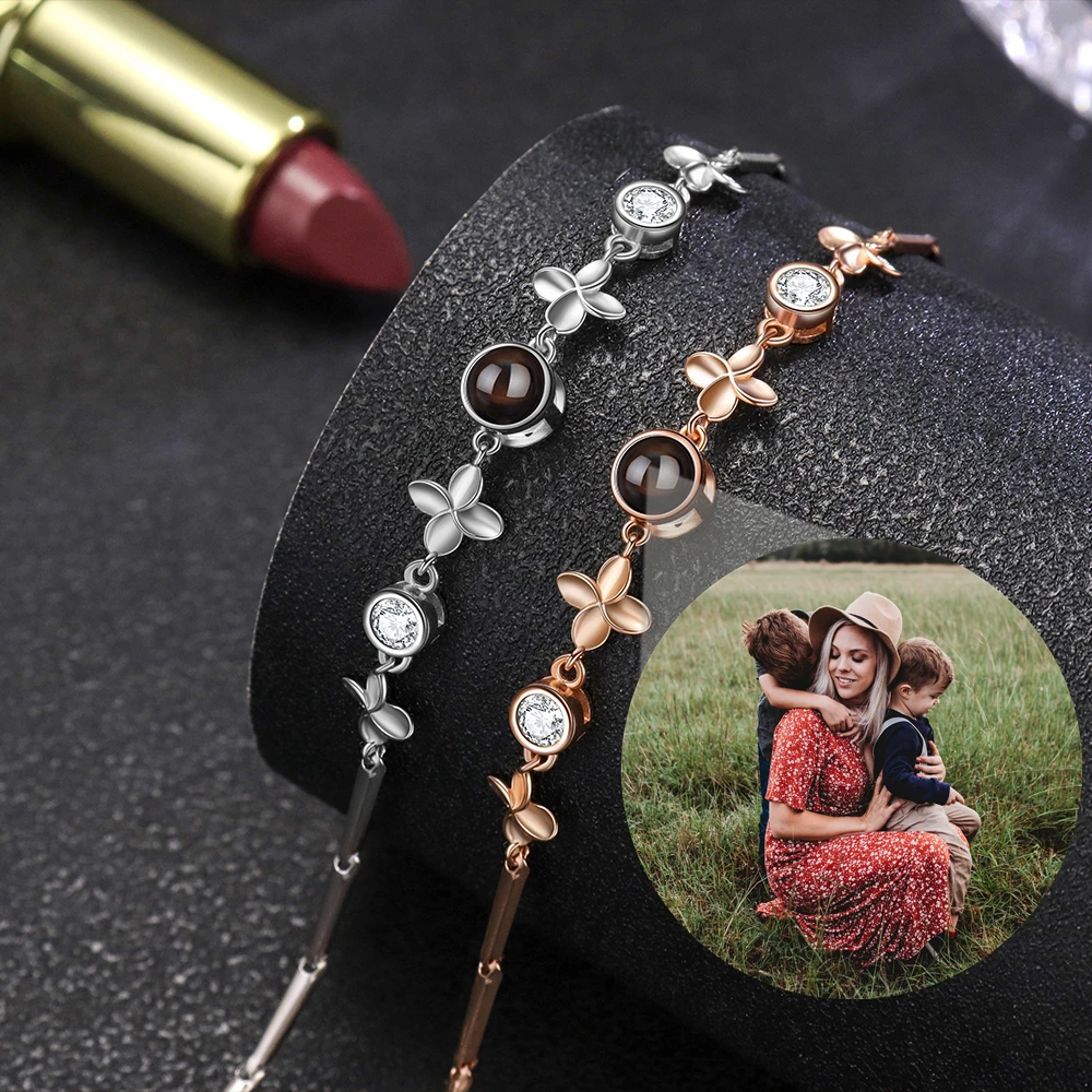 Personalized Custom Photo Bracelet for Women 925 Sterling Silver Round Pendant Bracelet Projection Photo Wife Birthday Gift