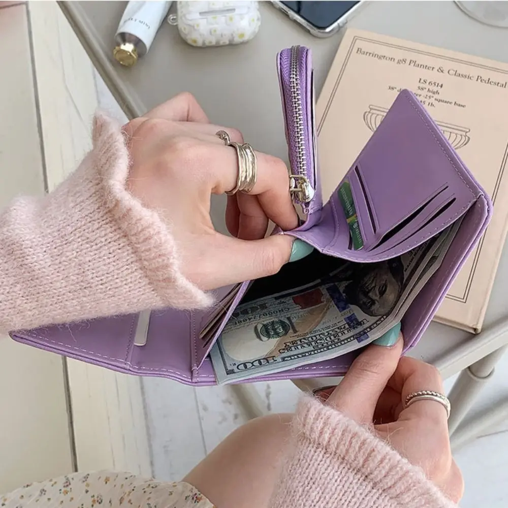 New Small Short Wallet Triple Fold High-capacity Card Holder Solid Color Coin Purse Student