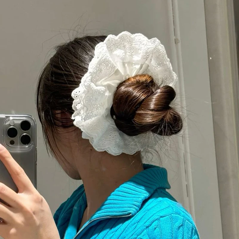 

New Big Flower Lace Scrunchies Elegant Sweet Hair Band Oversized Ponytail Holder Hair Rope Hair Accessories for Women and Girls