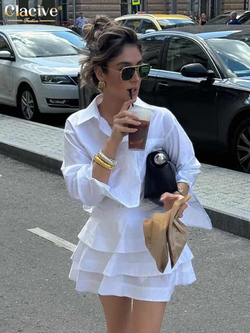 Clacive Fashion Loose White Cotton Women\'s Two Pieces Set 2025 Elegant Long Sleeve Shirt With High Waist Pleated Mini Skirt Set