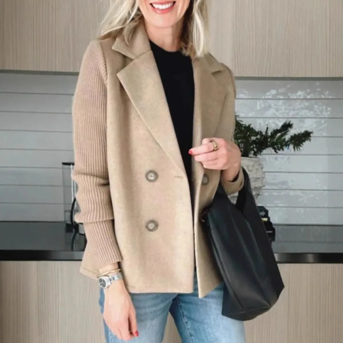 Women Knitted Sleeves Patchwork Coat Double-breasted Turn-down Collar Loose Suit Jacket Formal Business Style Sweater Coat