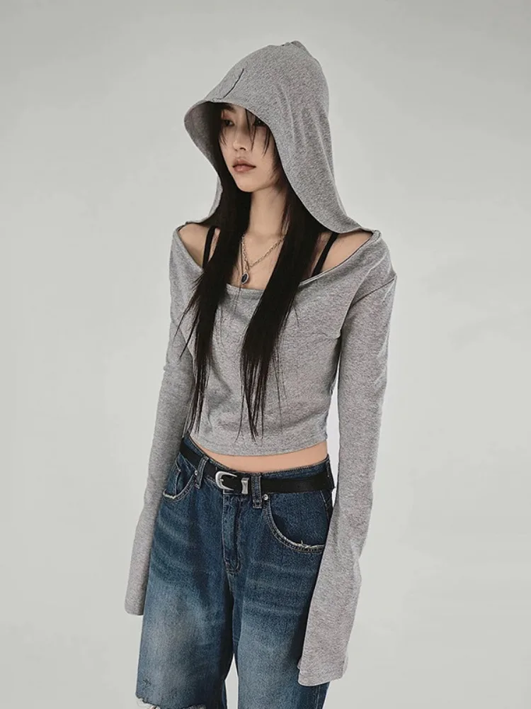 Y2k Aesthetic Hooded Tshirts Women Long Sleeve Crop Top Slim Fit Off Shoulder Tees Casual Streetwear Grunge T Shirt 2024 Sexy