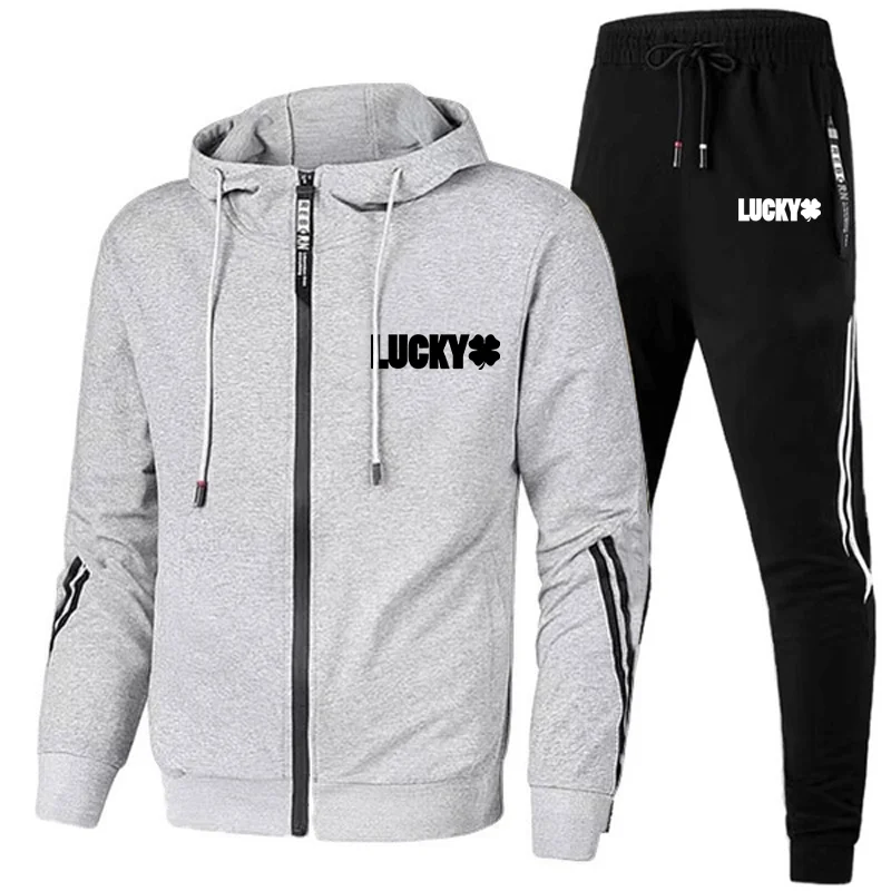 Ensemble de veste et pantalon à glissière à manches longues pour hommes et femmes, tenue de jogging, vêtements de sport décontractés, imprimé Lucky