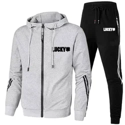 Men's Sports Suit Long Sleeved Zippered Jacket Pants Set Jogging Outfit Women's Clothing Fashion Print Lucky Grass Casual Set