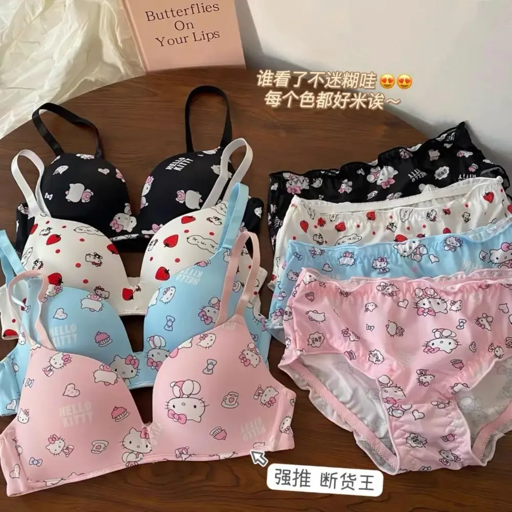

Cute Women Underwear Suit Hello Kitty Sanrioed Anime Kawaii Cotton Sexy Panties No Rims Bra Cartoon Student Sweet Girl Fashion
