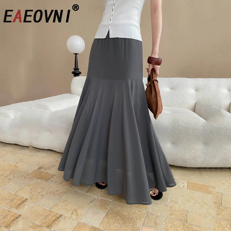 

EAEOVNI Fashion Mesh Patchwork Skirt Elegant Women High Waist Solid Color Long Skirts Casual 2025 Summer New Clothing 1A1190