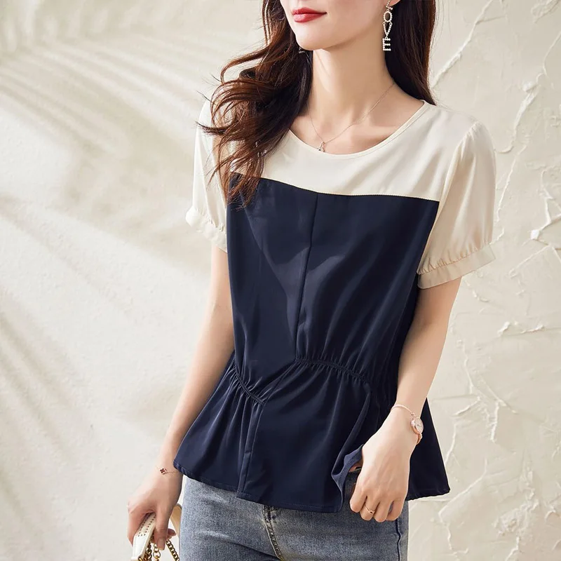 High-end Fashion Color Matching Blouse Summer Classic Short Sleeve O-collar Korean Loose Office All-match Pullover Chiffon Shirt