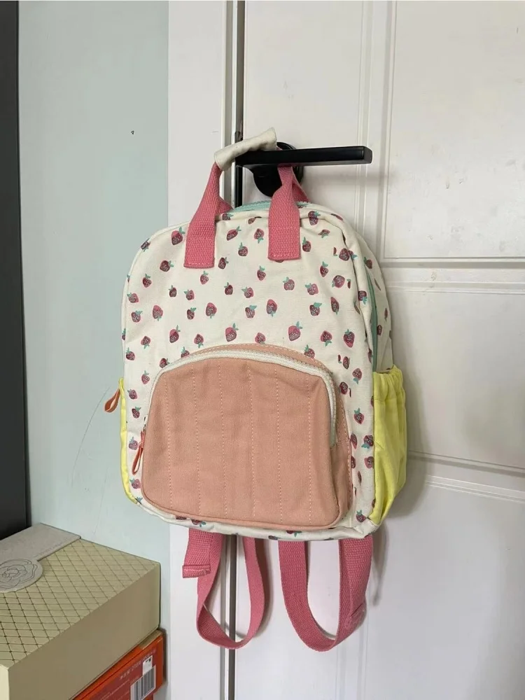 Mochila Kawaii Estampada de Morango para Mulheres, Mochila Escolar Casual, Mochilas Chiques, Cor Contraste, Moda, Estética, Y2k