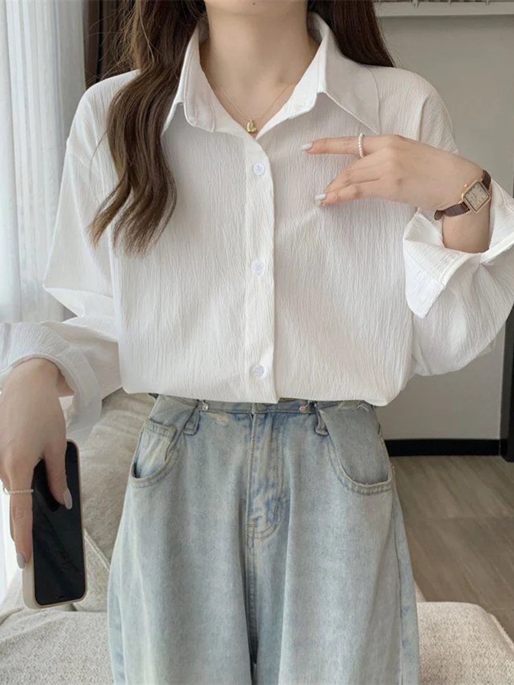 Jmprs Simple Retro Casual Shirt Women Long Sleeve Sweet Sun Proof Blouse Korean Vintage All Match Spring Summer Lady Loose Tops