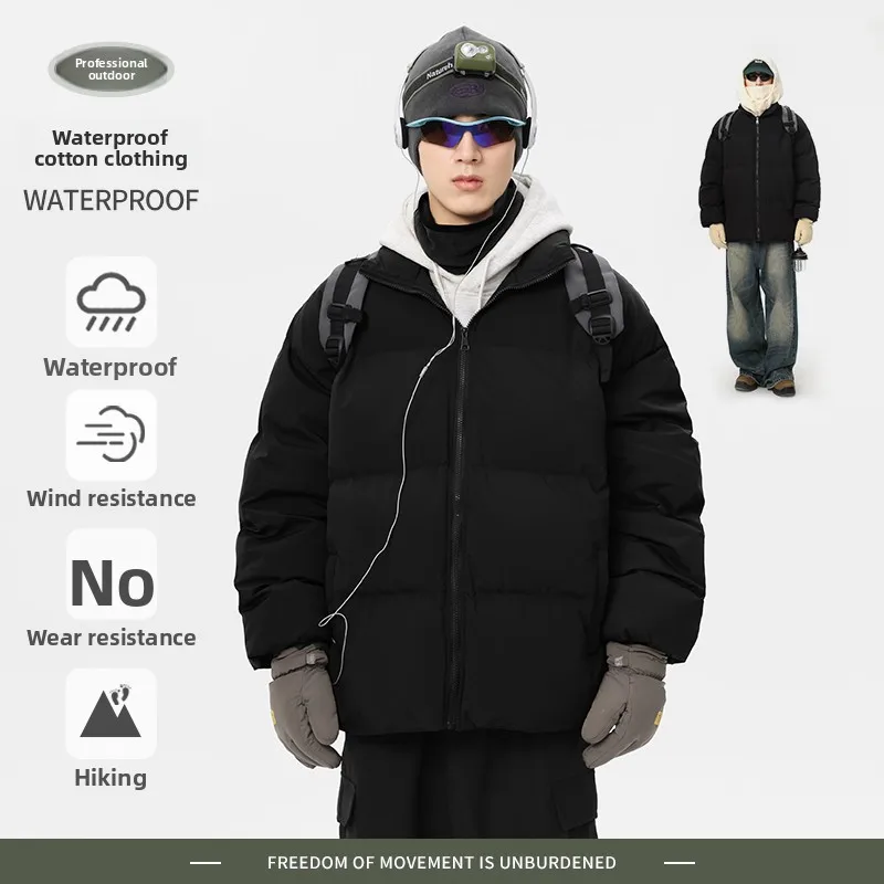 

Men's Thiened Winter Cotton Jaet Bla Collar Warm Youthful Sle 2024 New Student Cotton Coat Long Sve Zipper Closure