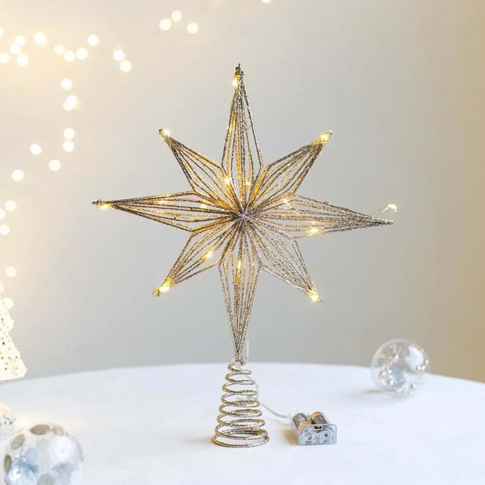 LED Christmas Tree Toppers Star Luminous Glitter Christmas Tree Toppers Lights Iron Eight-pointed Star Christmas Tree Decoration