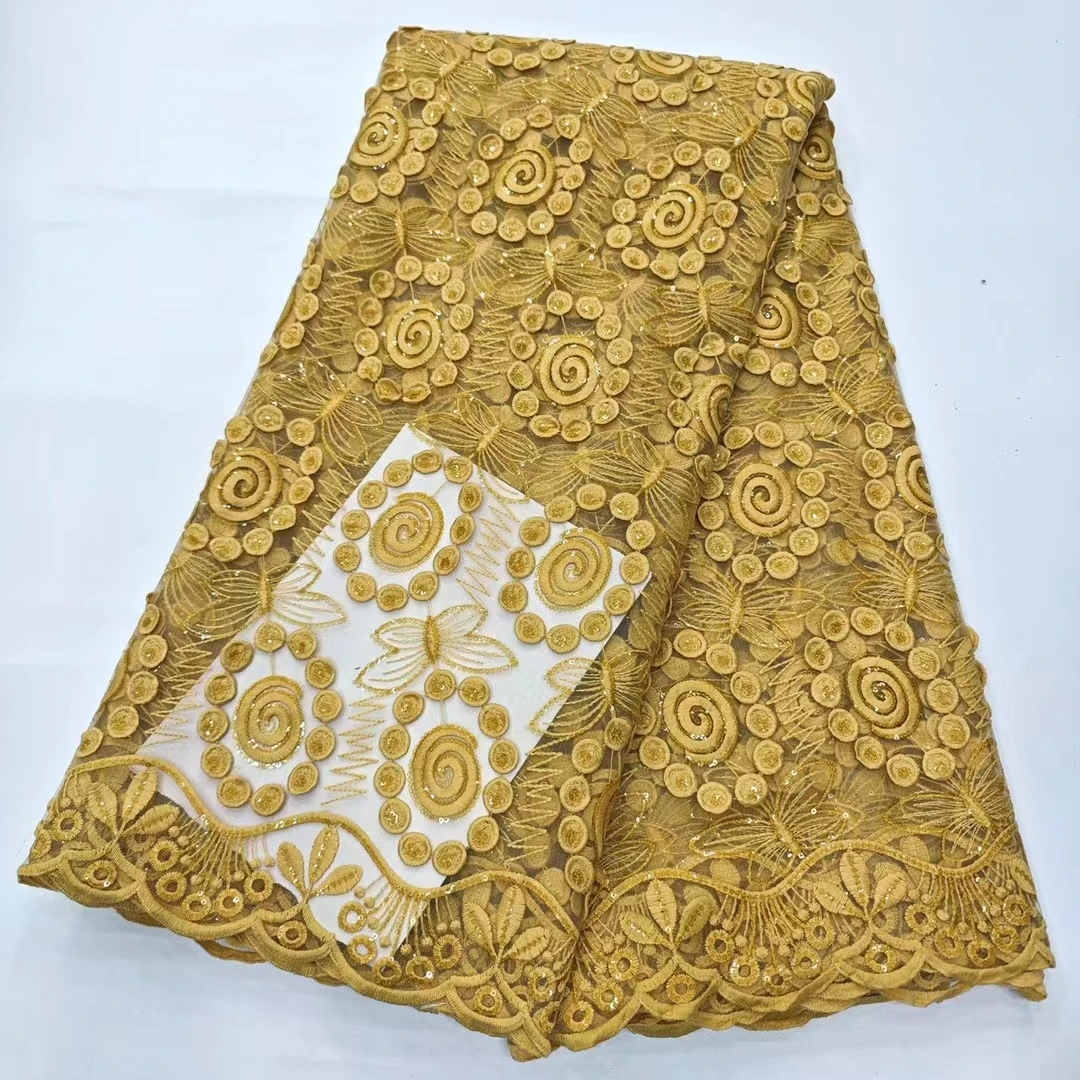 

Gold Milk Silk African Lace Fabric With Sequins 2023 High Quality French Nigerian Cord Lace Fabric For Party Dress Sew KHD23201