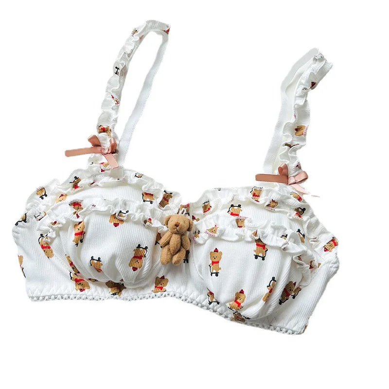 Leechee Underwear New Small Fresh Cute Sweet Cartoon Printed Bear Bra Set Small Fresh Girl Thin Bra Lingerie Set Sexy