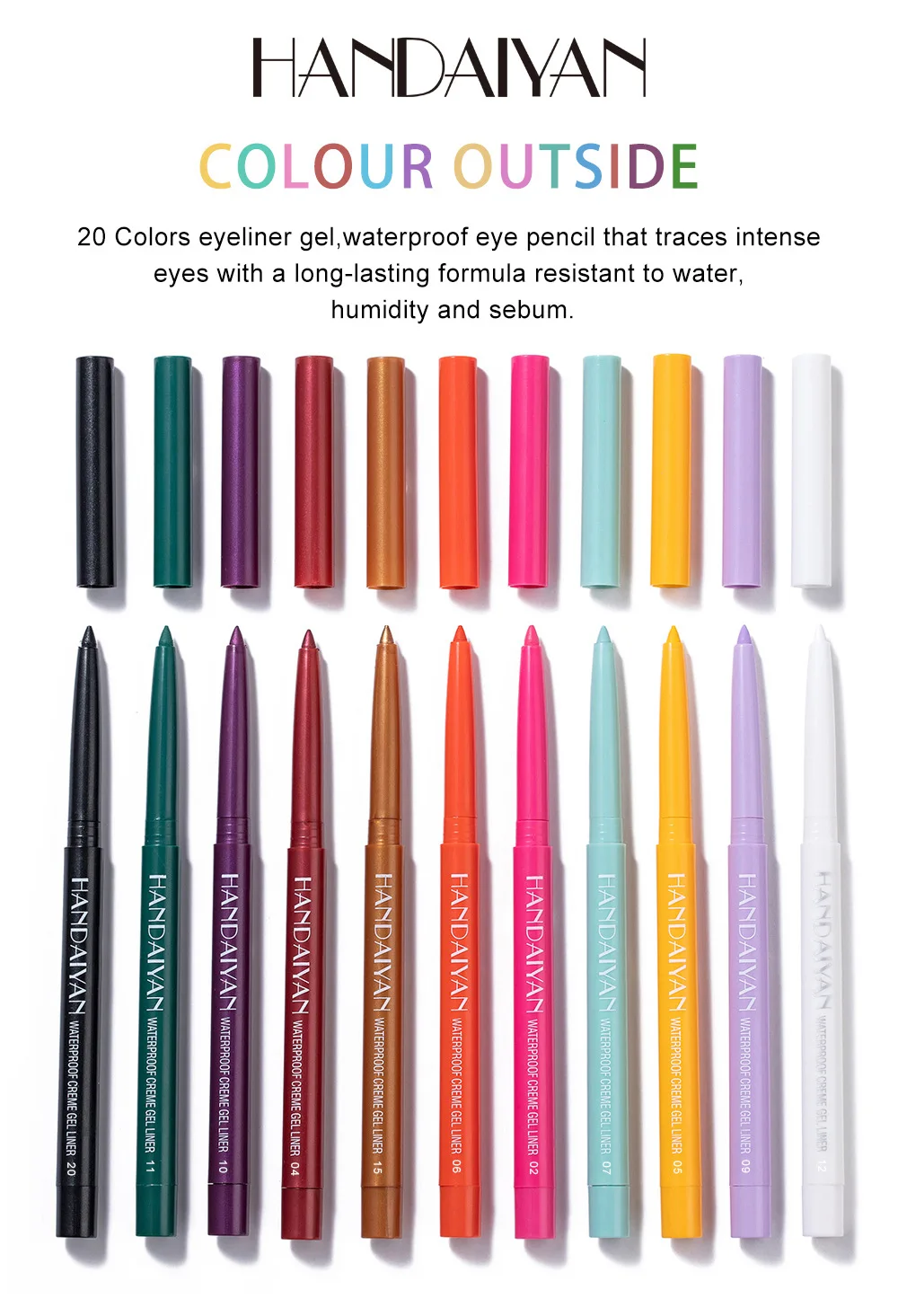 Lápis delineador de longa duração, 20 cores, pigmento colorido, à prova d'água, secagem rápida, lápis de sobrancelha, envio rápido, maquiagem, cosméticos para os olhos