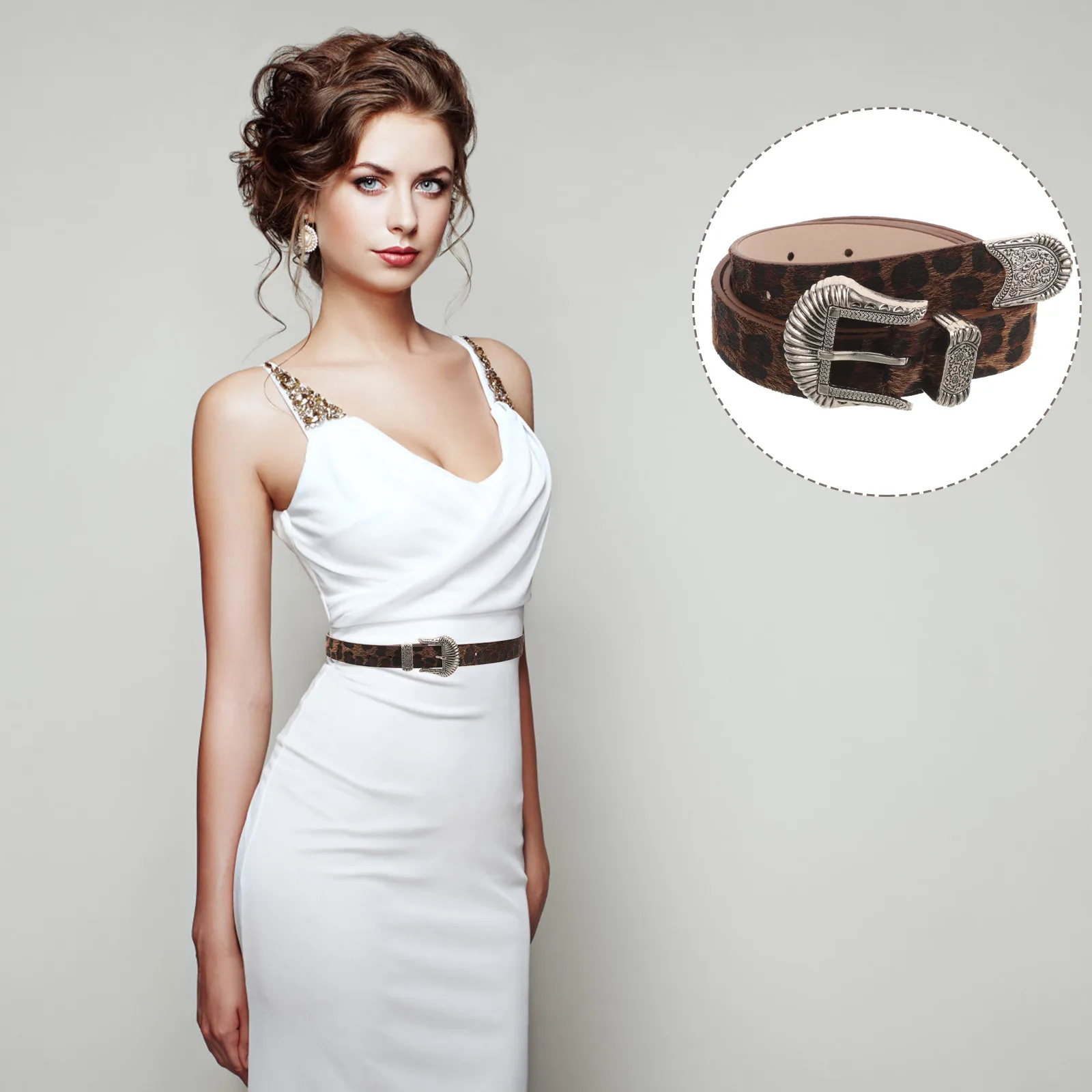 

Retro Leopard Women Brown Color Fashion Western Buckle Belts for Women Belt Belt For Dress Dress Jeans Waist