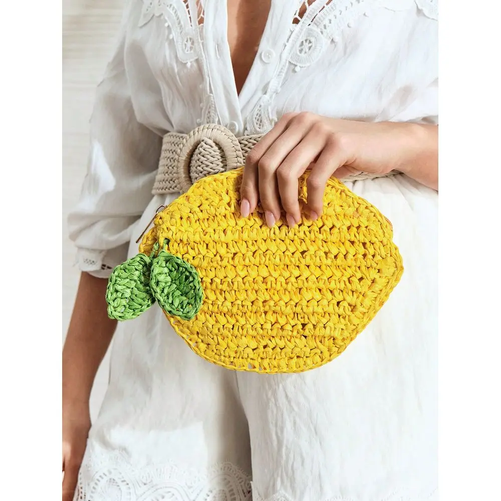 

Womens Yellow LemonShaped Straw Clutch With Green Leaf Embellishments, Perfect For Spring Summer Beach Vacations, Beach Parties
