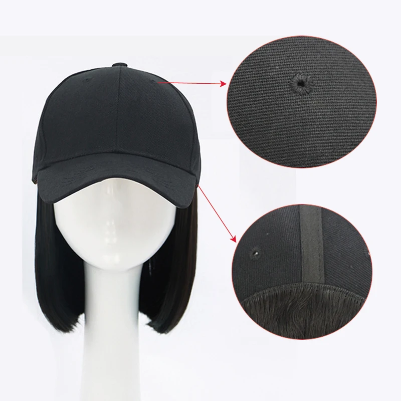 Short Straight Baseball Wig Synthetic Natural Bob Wig Black Hat Wigs Cap with Hair Connect Baseball Cap Adjustable for Women