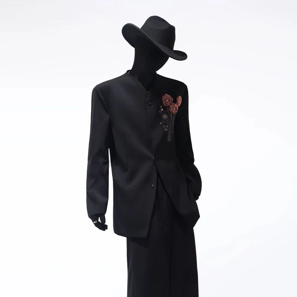 

Men's Rose Embroidered Jacket And Trousers Suit American Retro Light Luxury Fashion Trend High Street Loose Niche Men's Suit
