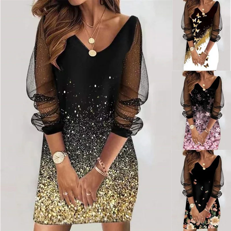 

Elegant A Line Dress Women V Neck Sequin Mesh Long Sleeve Dresses Print Love Flower Women Sexy Hollow Party Dresses 2023