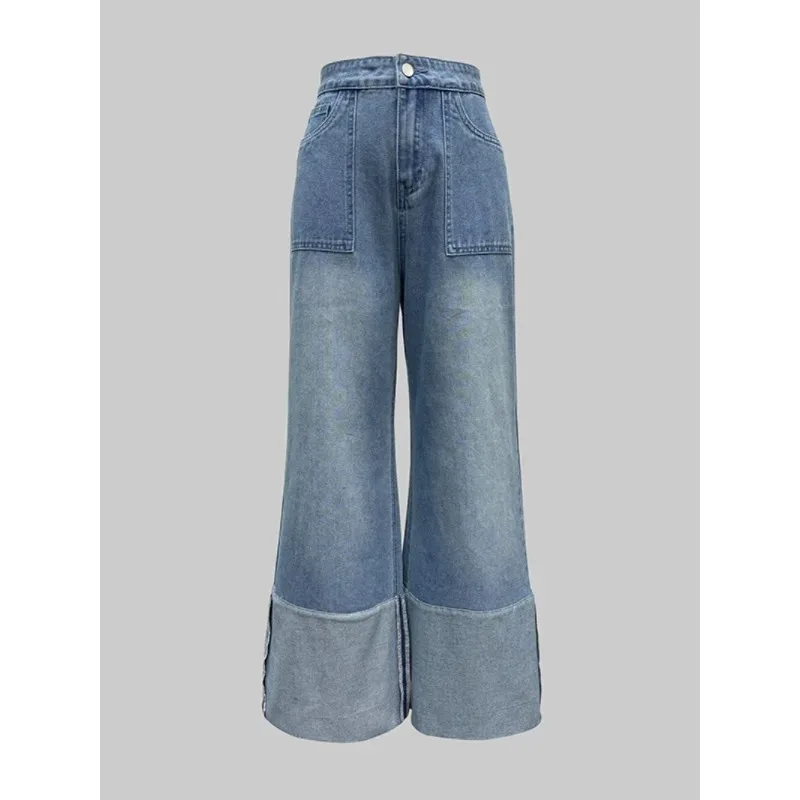 

Women's Light Blue Washed Distressed Large Pocket Cuffed Wide Leg Jeans 2026 Spring and Summer Trendy Streetwear Pants