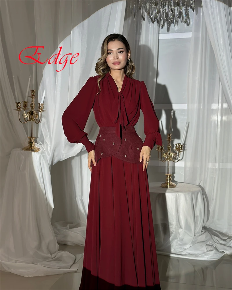 Customized Modern Burgundy Jersey Evening Dress Exquisite V-Neck Long Sleeves Lace Up Back Belt Sweep Train Homecoming Dress