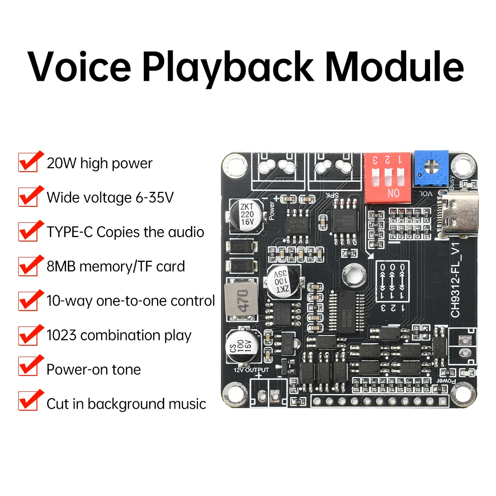 CH9311 Voice Playback Module 10-channel 1-to-1 control MP3 Music Player Audio Amplifier  8MB memory/insert TF card DC 6-35V 20W