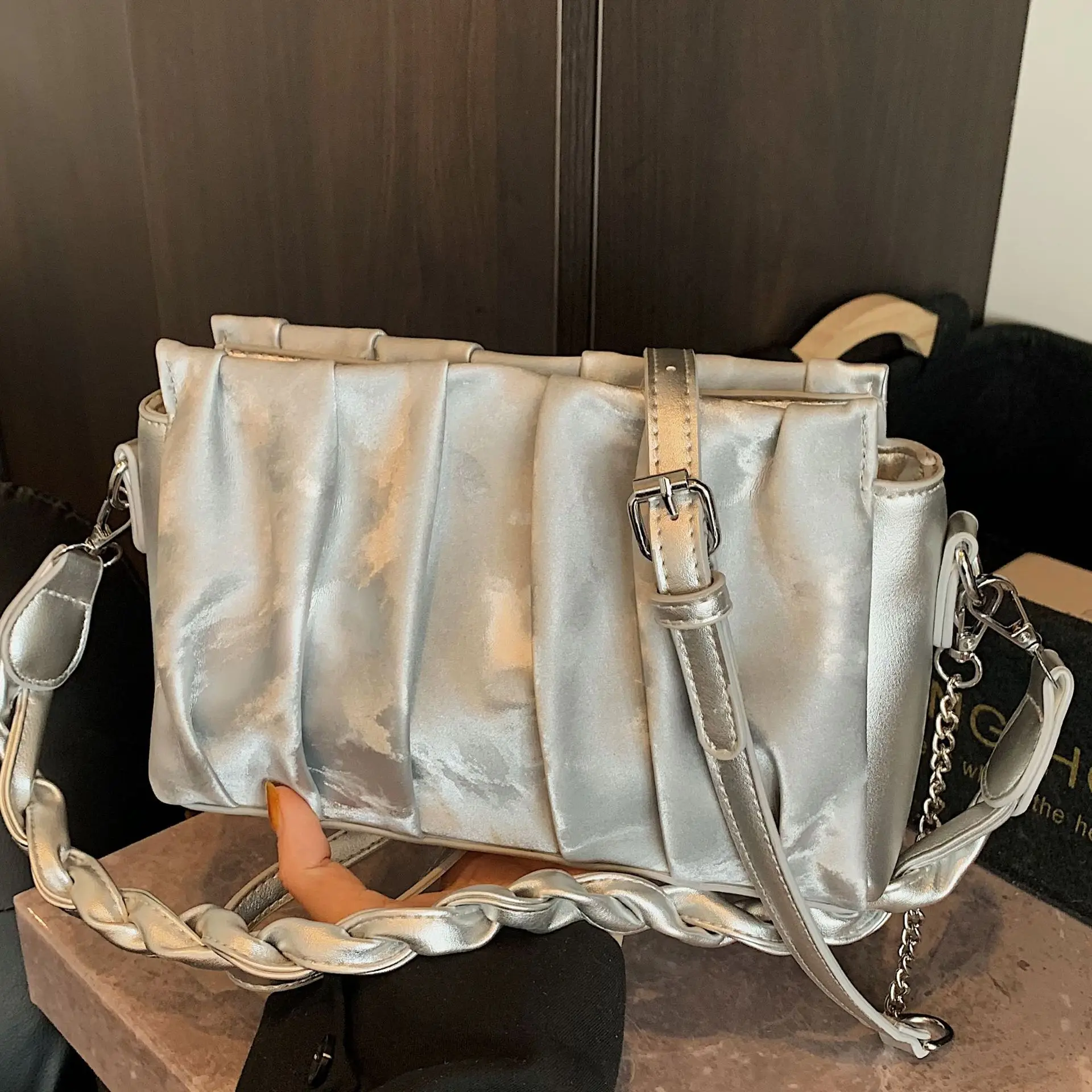 

2025 Ruffled Cloud Bag Trendy Underarm Shoulder Purse Fashionable Small Square Crossbody Bag Stylish Versatile Handbag