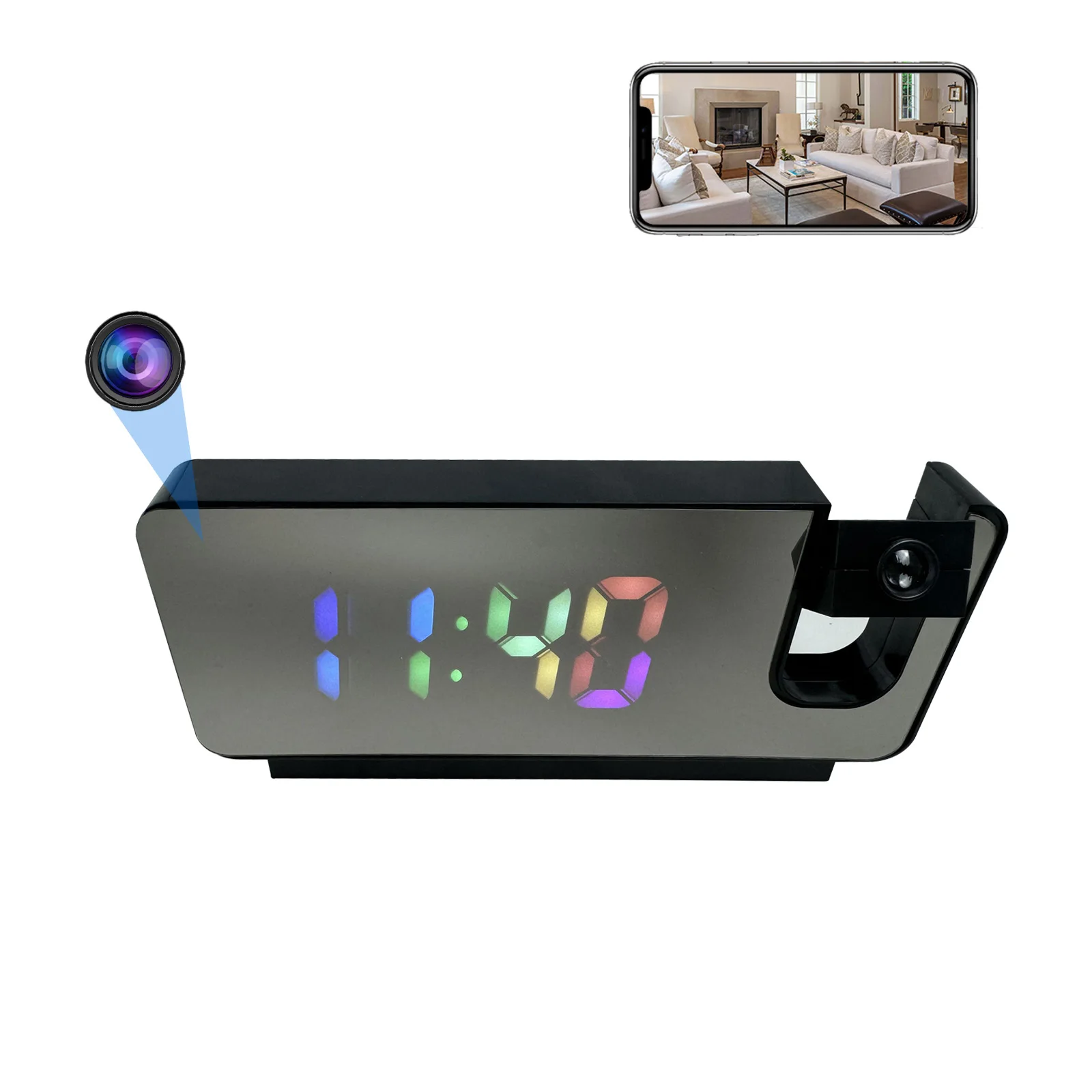 

4K Ultra HD Projection Alarm Clock Camera with Wi-Fi, Motion Detection, Remote Viewing, Recording, Nanny Cam for Indoor Security