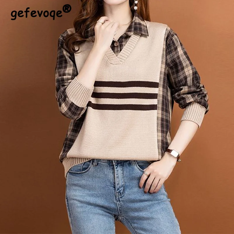 2023 Spring and Autumn New Top Shirt Collar Splice Knitwear Fashionable Fake Two Pieces Long Sleeve Underlay Sweater for Women