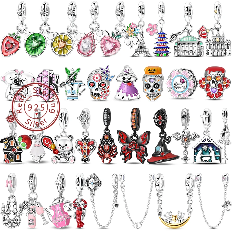 Trendy 925 Sterling Silver Fruit Famous Building Night Light Halloween Charms Beads Fit Wedding Party DIY Fine Jewelry Gift