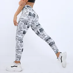 New Black White High Waist Seamless Yoga Pants Women Newspaper Letter Print Streetwear Leggings Fitness Women Sexy Casual Pants