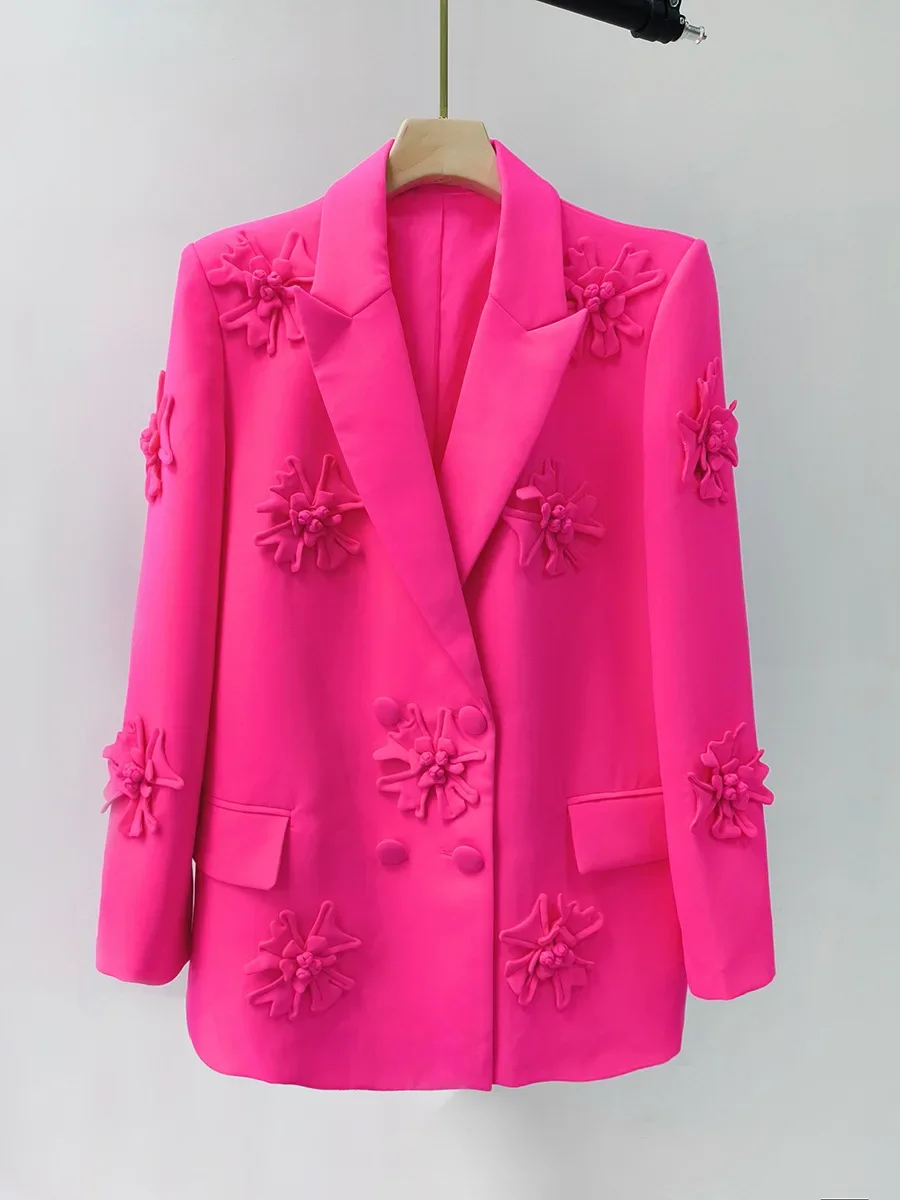 Blazer feminino chique solto rosa, manga comprida, trespassado feminino, patchwork de flores 3D, jaqueta de baile feminina, casaco da moda