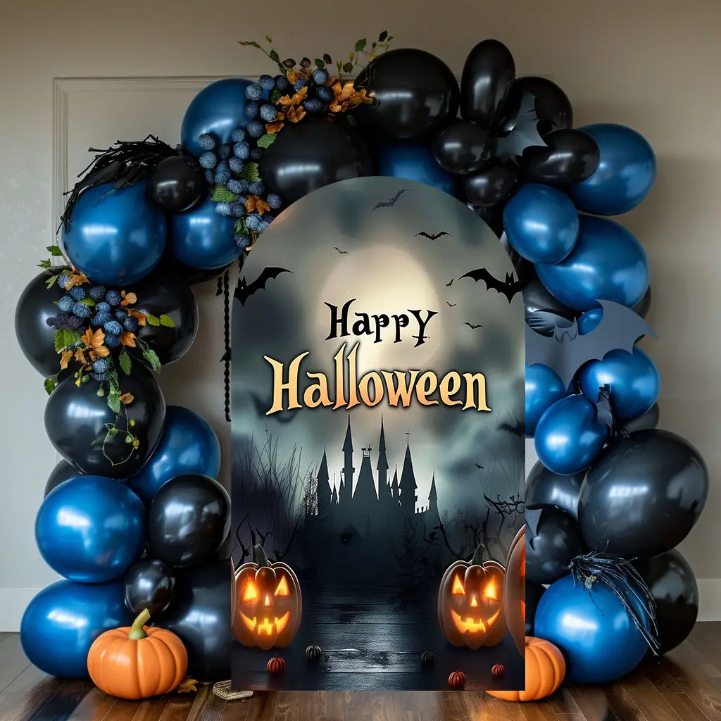 

Scary Castle Pumpkin Lantern Full Moon Bats Arch Backdrop Cover,Halloween Party Decoration,Double-sides-Elasticity-Washable