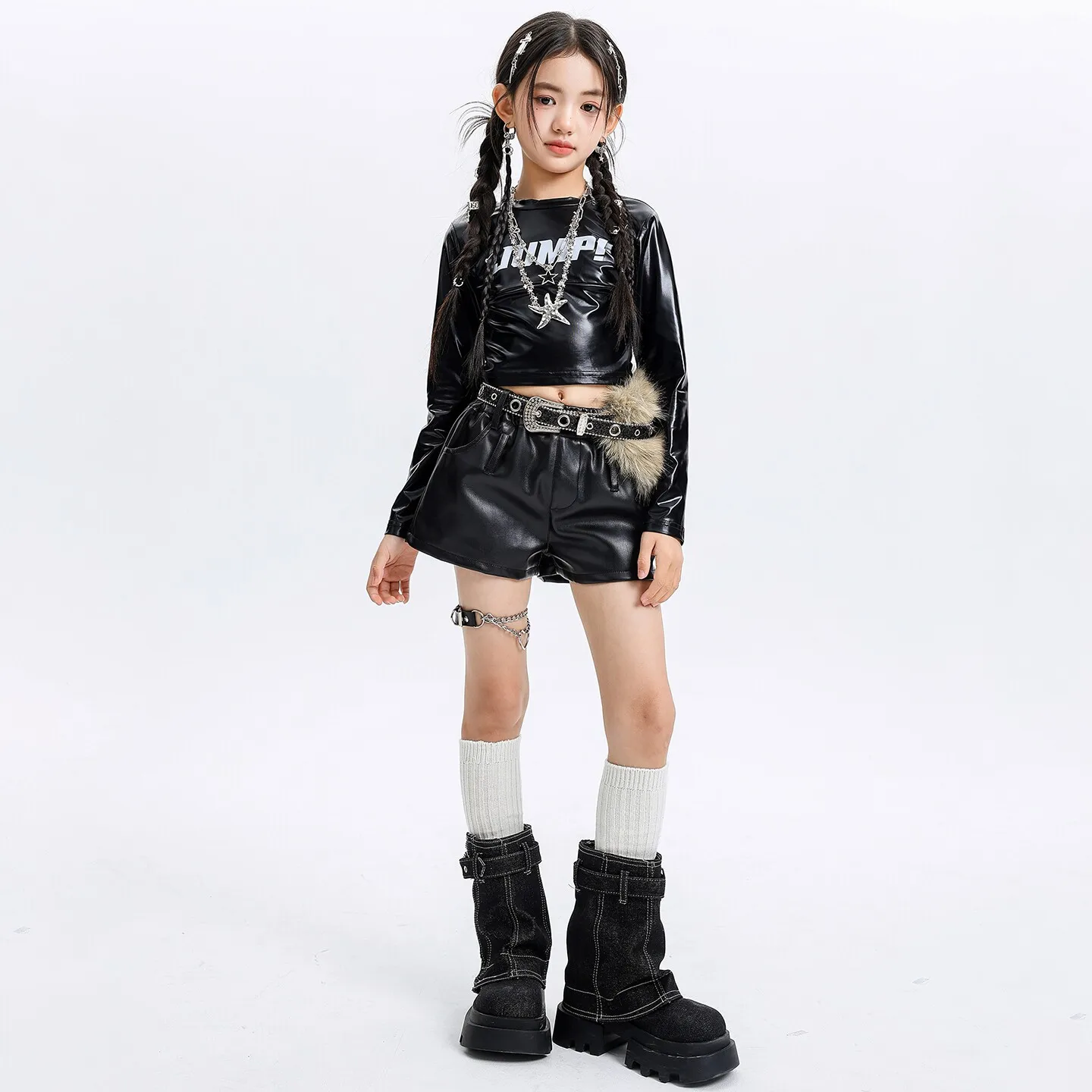 

Детская одежда в стиле K-pop и хип-хоп: черная металлическая укороченная футболка с длинными рукавами, повседневные шорты из искусственной кожи для девочек, костюм для джазовых танцев.