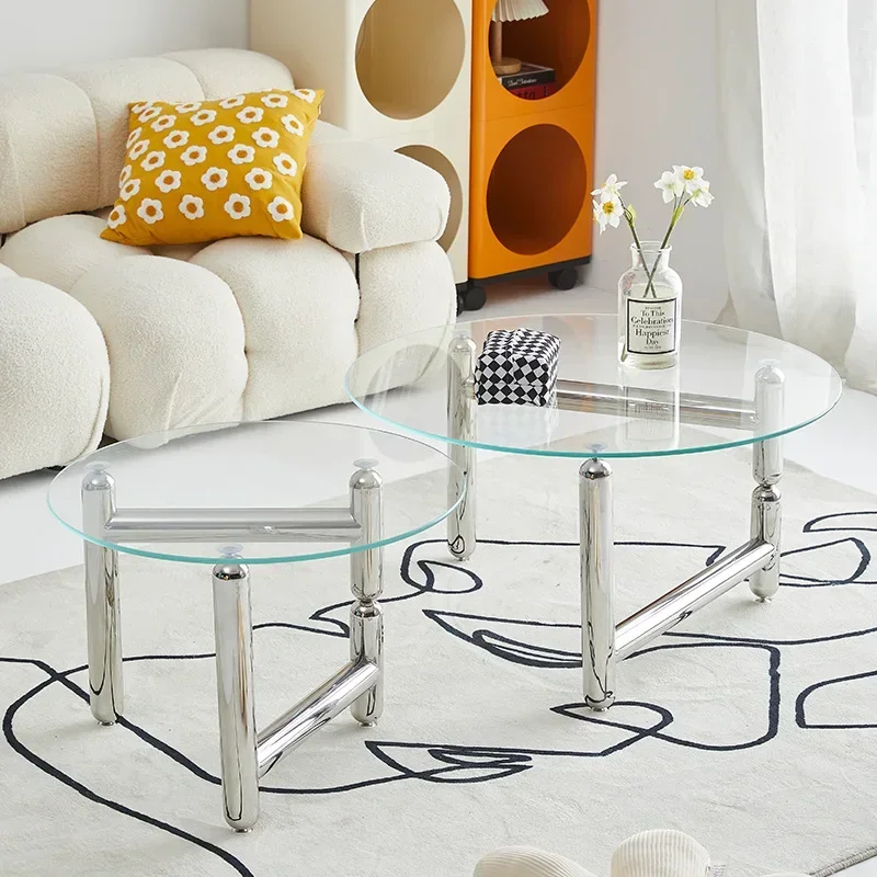 Tempered Glass Circular Coffee Table, Home Living Room Small Tea Table Design, Anti Slip Transparent Coffee Table in Stock