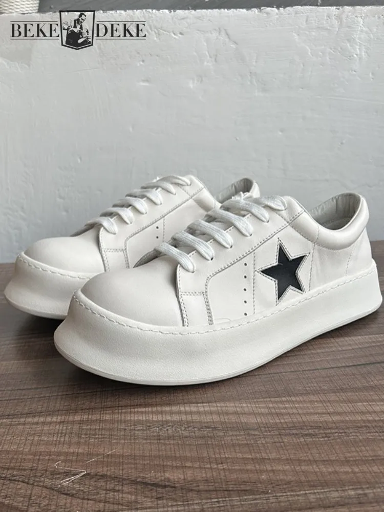 Trendy Männer Atmungsaktive Echtes Leder Runde Kappe Plattform Casual Schuhe Vielseitig Einfarbig Rindsleder Höhe Erhöhen Schnürschuh