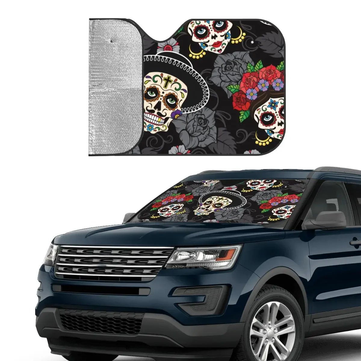 Day Of The Dead Halloween Fashion Windshield Sunshade 70x130cm Sugar Skull Rose Aluminium Foil Car Sunshade Sun Shade Protect