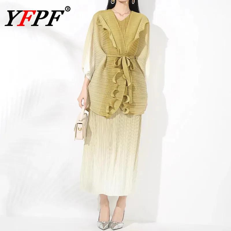 

YFPF Elegant Miyake Pleated Women 2 Piece Set Gradient Ruffles Belt Blouse + A-line Long Dresses Fashion 2025 New 3A126