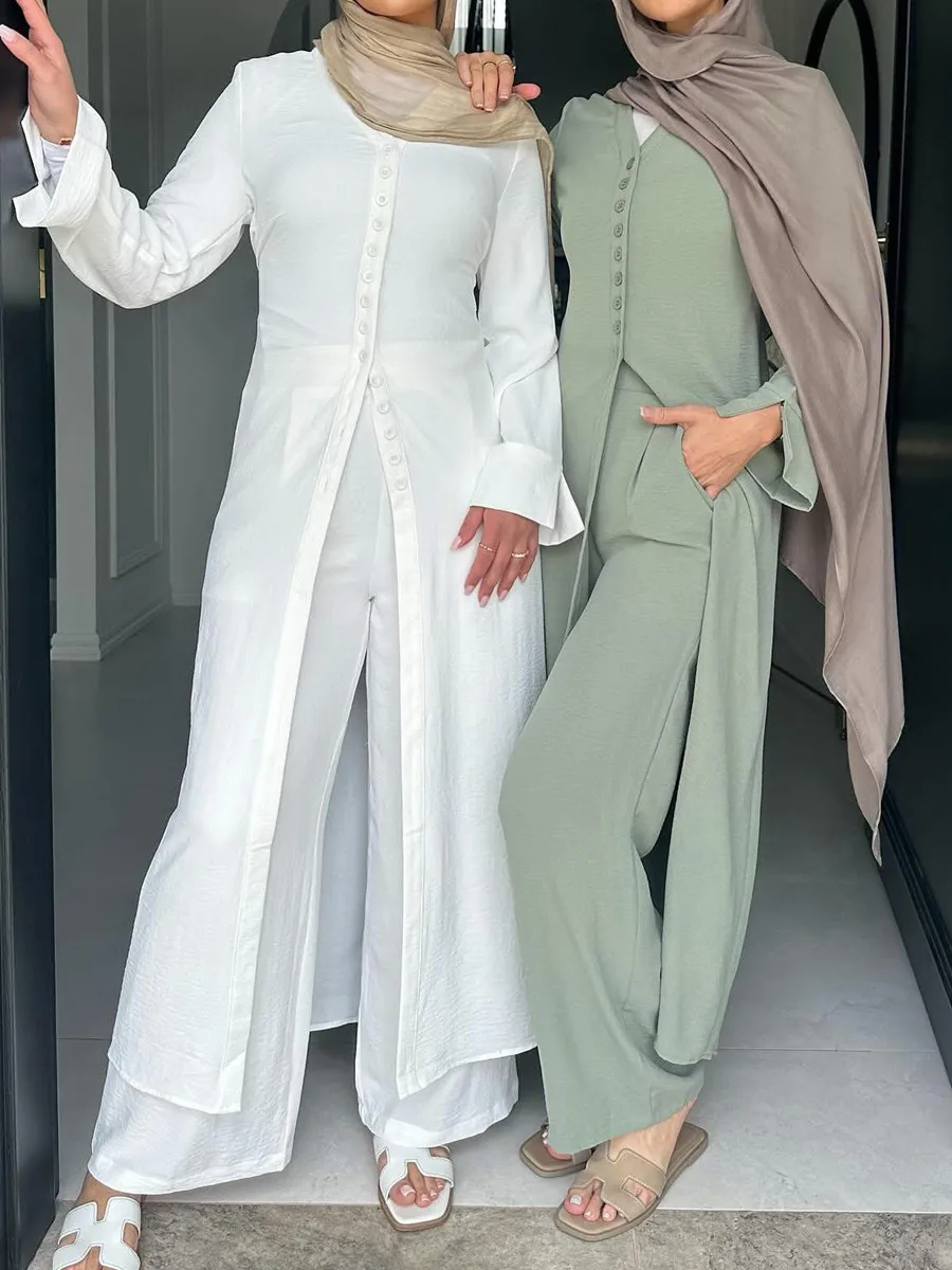 عبايات إسلامية دبي تركية للنساء بلون سادة فساتين طويلة بإبزيم مكون من قطعتين طقم ملابس نسائية متواضعة لرمضان