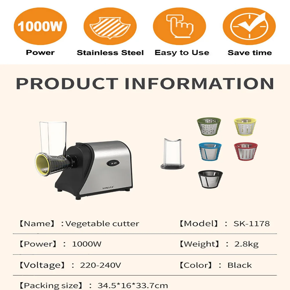 Coupe-légumes 1000W tireur à salade, trancheuse de légumes électrique broyeur hachoir avec accessoires pour légumes et fromages