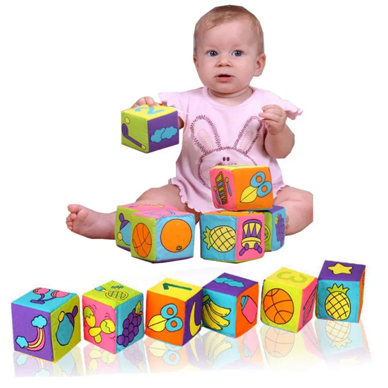 Infant Montessori early education picture dice baby recognize cute animal digital Soft Set Rattle cube building block toys