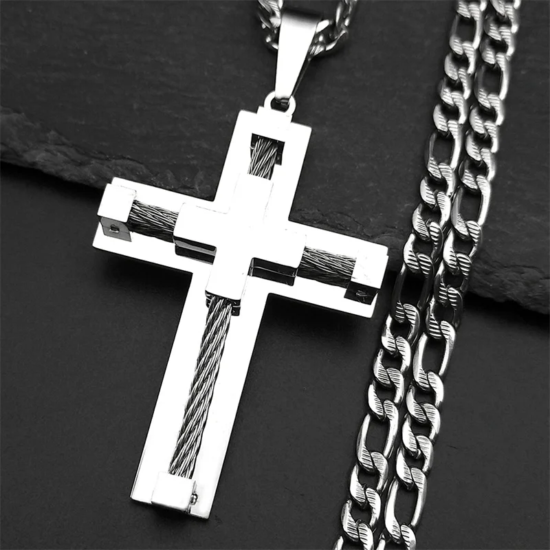 مزدوجة يسوع الصليب قلادة قلادة للنساء الرجال الفولاذ المقاوم للصدأ كريستين فضي اللون الهيب هوب سلسلة الإيمان مجوهرات هدية #2