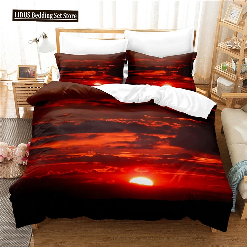 

Sunset Scenery Duvet Cover Set King Queen Size Red Sunshine Landscape Polyester Comforter Cover For Kids Boys Girls Bedding Set