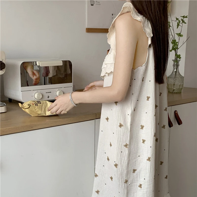 Cartoon Bear Summer Nightgown Women Square Collar Lace Ruffles Long Sleepwear Cotton Night Wear Sleeveless Kawaii Soft Korean