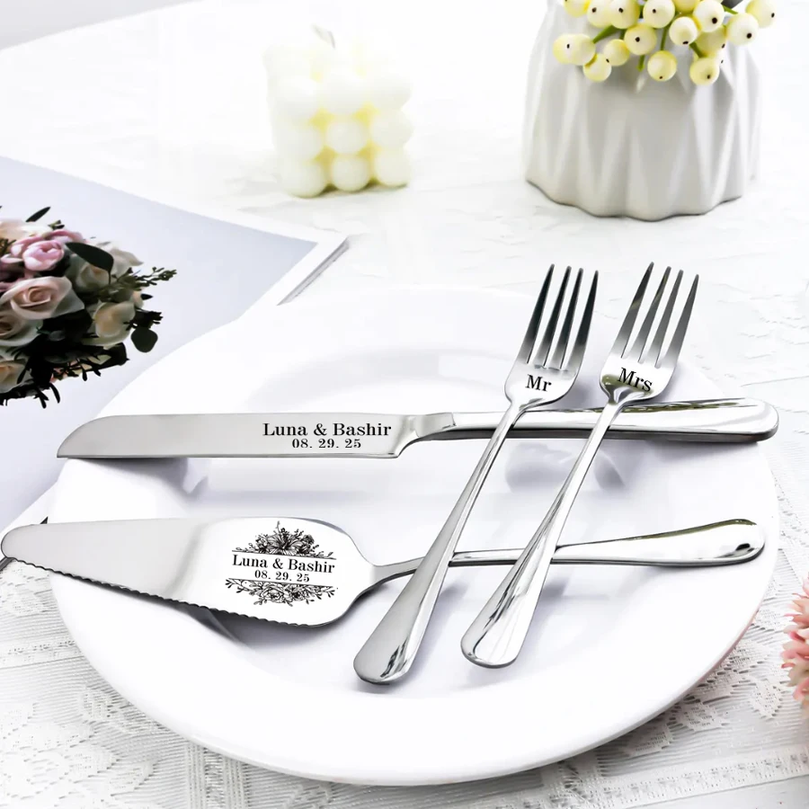 

Personalized Wedding Cake Knife Fork 4 of Set Custom Cake Knife Fork with Box for Wedding Anniversary Gift, Housewarming Gift