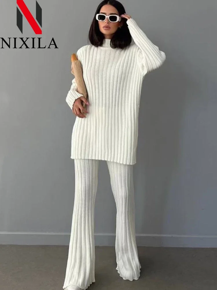 Fall Winter Pullovers Two Piece Set for Women Long-sleeved Sweater Wide Leg Pants Set Knitted Top Trousers Set Women Pants Sets