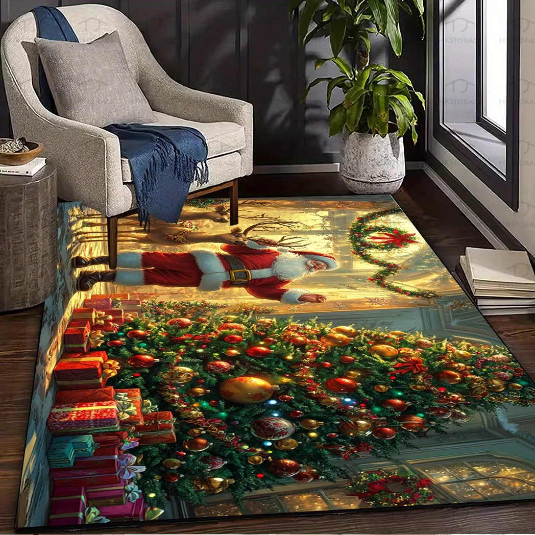 1pc Christmas Decor Rug with Santa & Reindeer Pattern, Washable, Indoor & Outdoor, for Living Room, Kitchen, Dining Room, Office