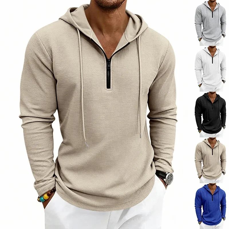 Men Waffle Knit Half‑Zip Hoodie, Drawstring Long Sleeve Pullover, Casual Lightweight Hooded Tops
