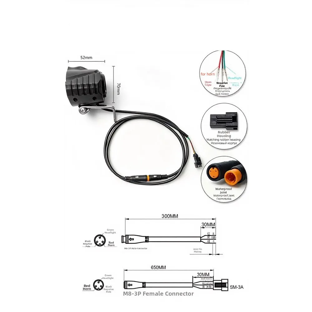 48V 36V LED-Frontlicht für Elektrofahrrad, Roller, Klappfahrrad, IPX4, wasserdichte Scheinwerferlampe mit Hupenfunktion, schwarzes Gehäuse aus Legierung