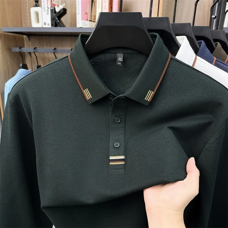 Hochwertiges Herren-Poloshirt aus weicher Baumwolle, Herbst-Neuheit, einfarbig, langärmelig, mit Kragen, modische Business-Herrenbekleidung – Detail 11